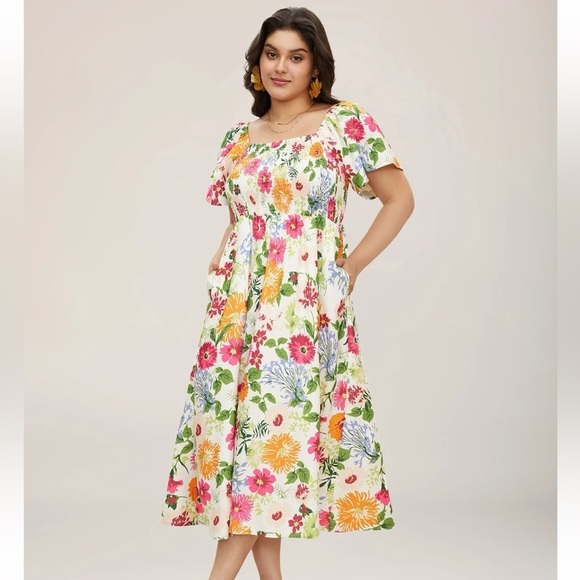 BloomChic Dresses & Skirts - Floral Square-Neck Midi Dress in White with Multi-Color Print